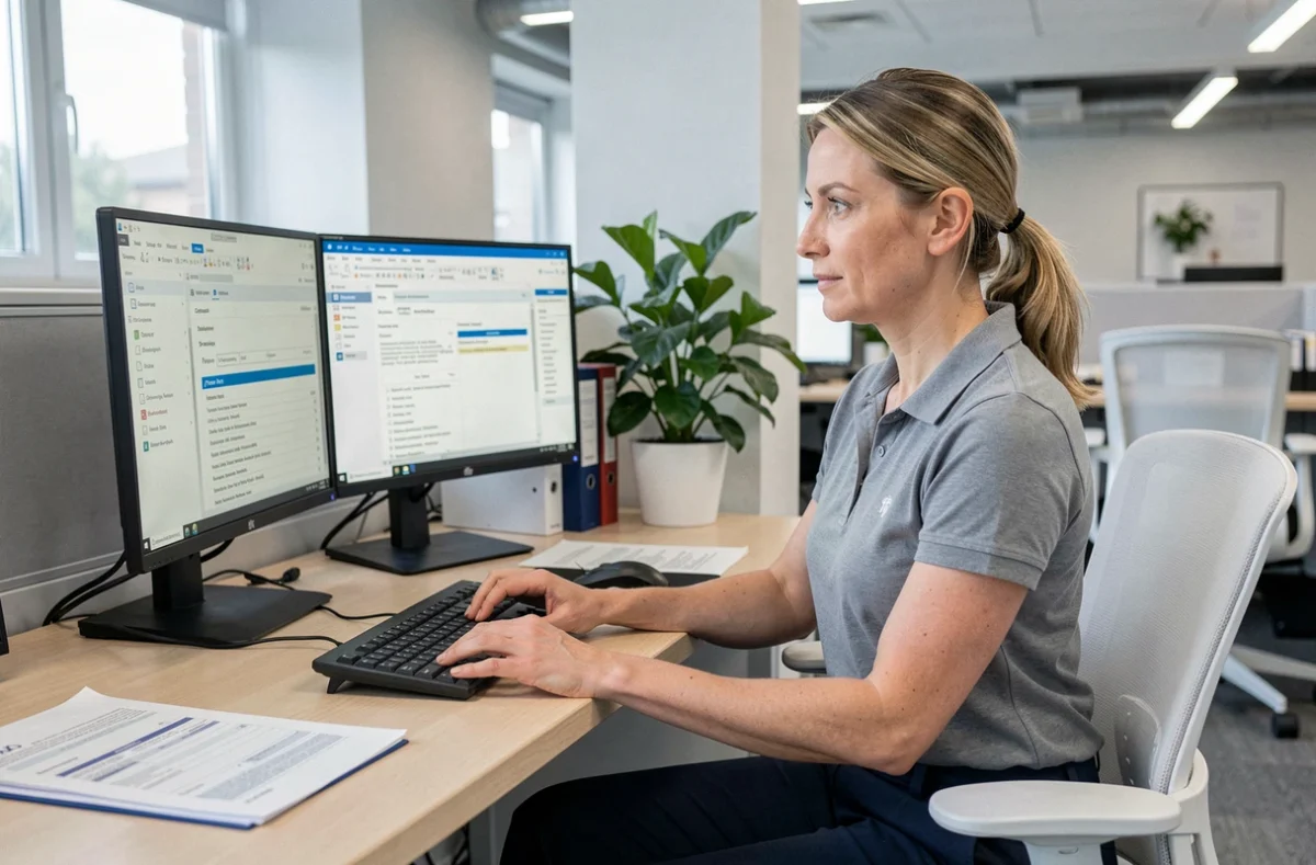 Coordinatrice de service vérifiant des rapports d'intervention sur un logiciel de gestion au bureau