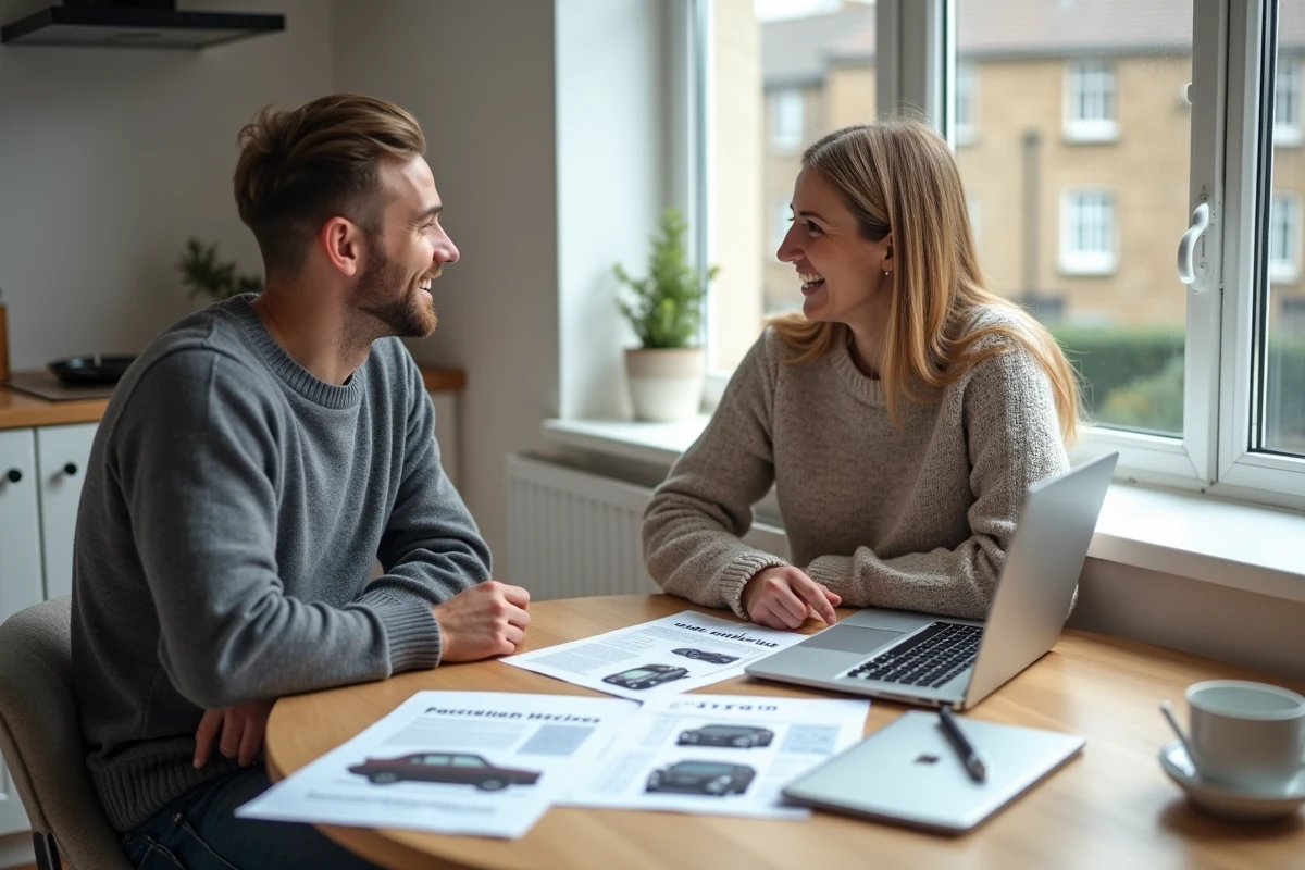 Couple planifiant l'achat d'un véhicule neuf ou en leasing à domicile avec comparatif en ligne et brochures automobiles