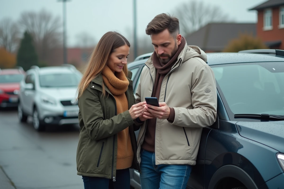 Couple consultant une liste de voitures recommandées sur Pifauto.com dans un parking en 2026