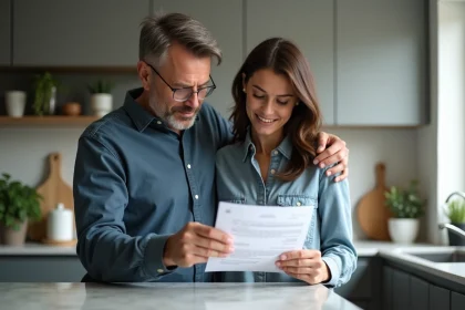 Homme et femme regardant un document de voiture dans la cuisine