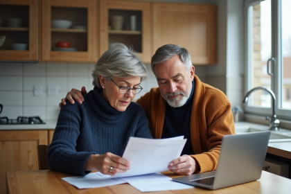 Couple français étudie documents à la maison en hiver