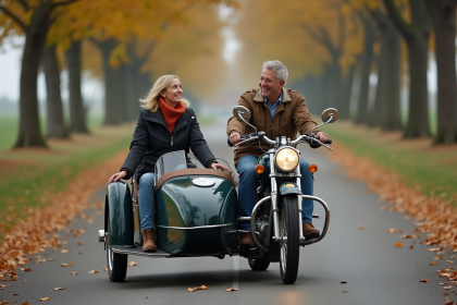 Couple souriant dans un sidecar vintage en campagne
