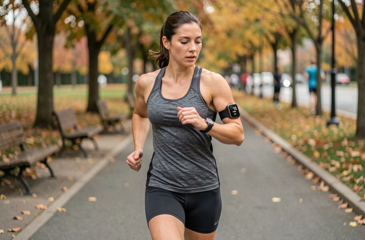 Coureuse regardant sa montre connectée affichant des données de vitesse en mph et kph lors d'un jogging urbain