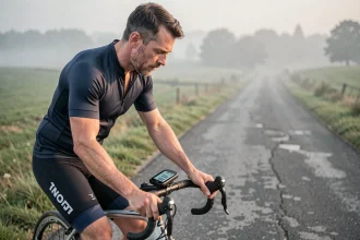 Cycliste consultant son compteur GPS affichant la conversion mph kph sur une route de campagne