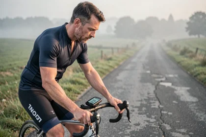 Cycliste consultant son compteur GPS affichant la conversion mph kph sur une route de campagne