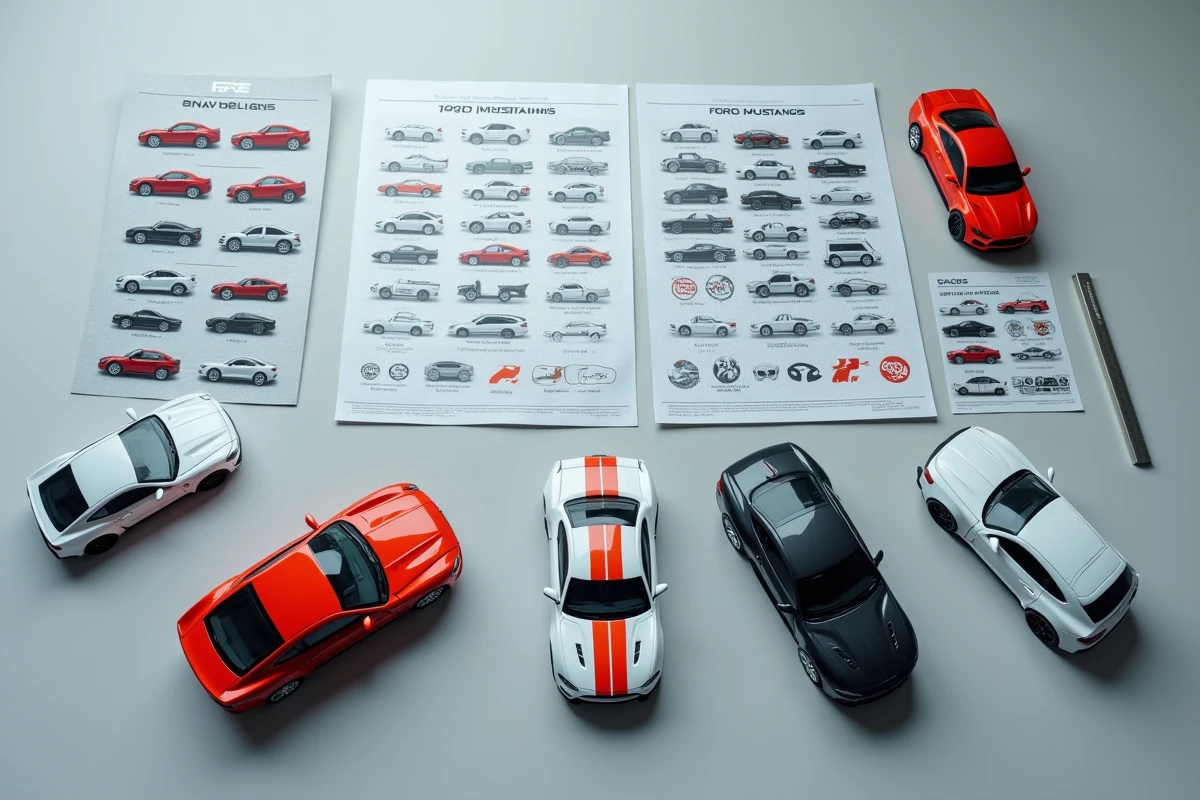 Vue à plat de planches de décalcomanies logo Ford Mustang et maquettes miniatures à différentes échelles sur tapis de travail