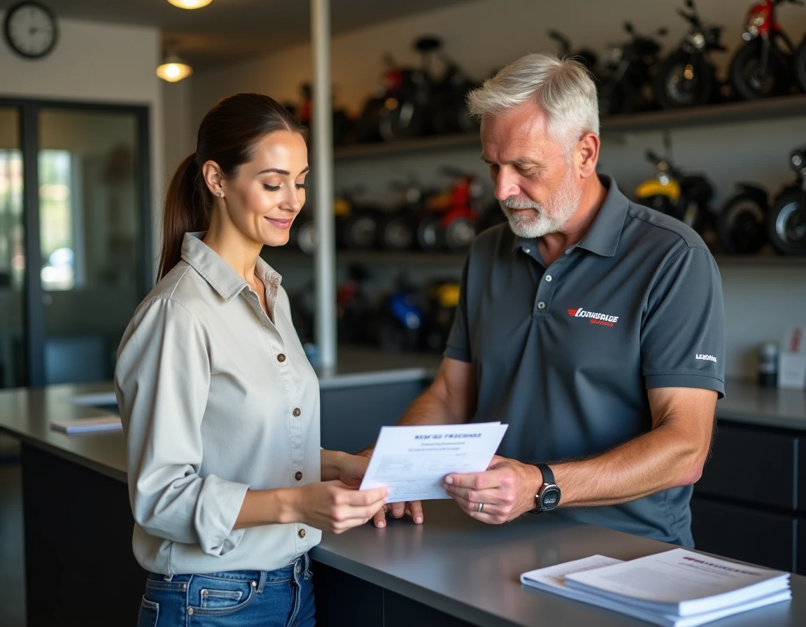 Cliente discutant d'un devis d'entretien moto avec un conseiller dans un atelier à Agde