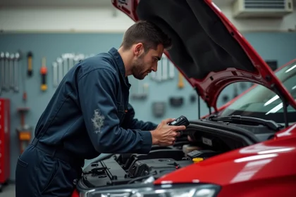 Technicien automobile connectant un scanner OBD sur une Renault Clio 5 rouge dans un garage pour diagnostiquer le témoin injection