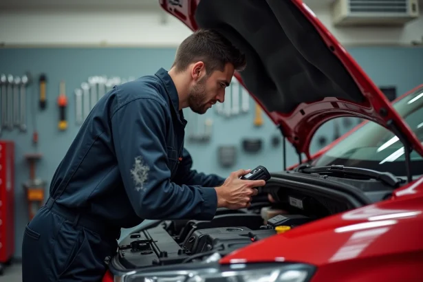 Technicien automobile connectant un scanner OBD sur une Renault Clio 5 rouge dans un garage pour diagnostiquer le témoin injection