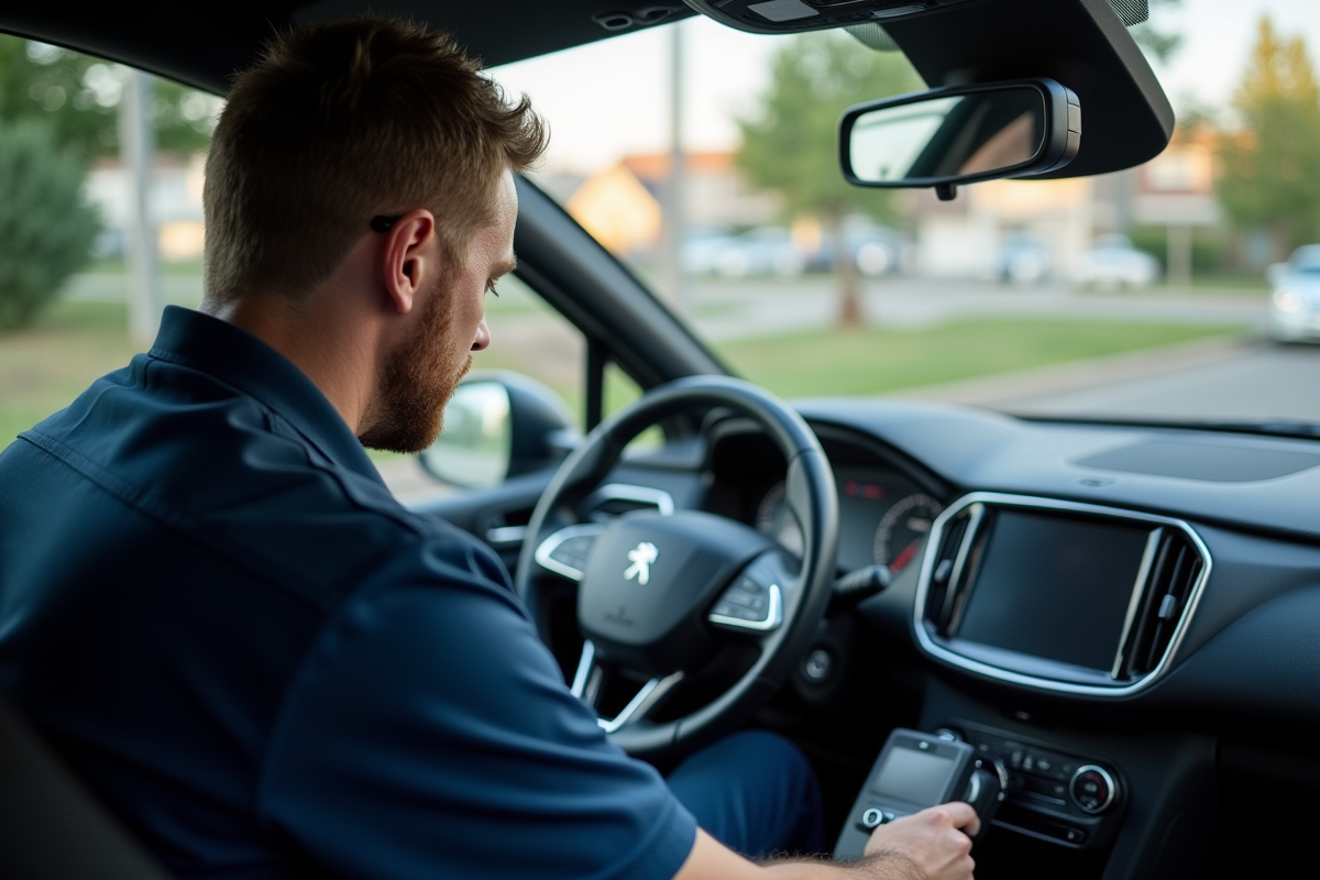 Mecanicien utilisant un scanner dans l habitacle Peugeot
