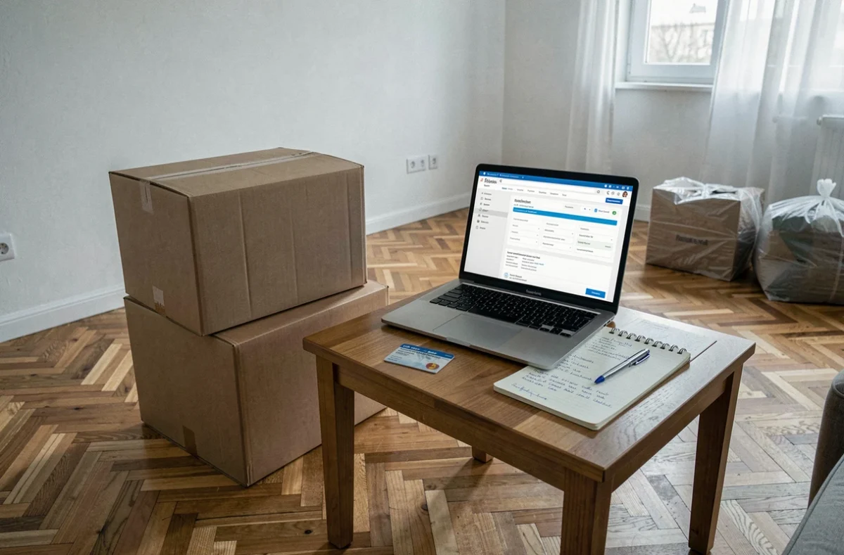 Documents administratifs et permis de conduire posés sur une table lors d'un déménagement avec ordinateur ouvert sur le site ANTS