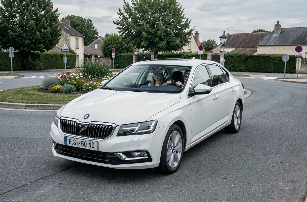 Voiture école de DSC La Romillonne traversant un rond-point à Romilly-sur-Seine