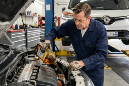 Mécanicien versant de l'huile moteur synthétique dans le moteur 1.5 dCi Renault lors d'un entretien en garage