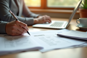 Espace de travail professionnel avec mains remplissant un papier RC