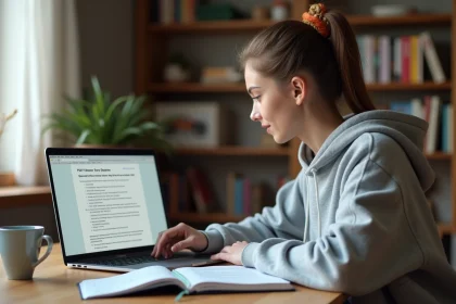 Jeune femme étudiant les questions du permis de conduire 2026 sur un PDF affiché sur laptop à son bureau