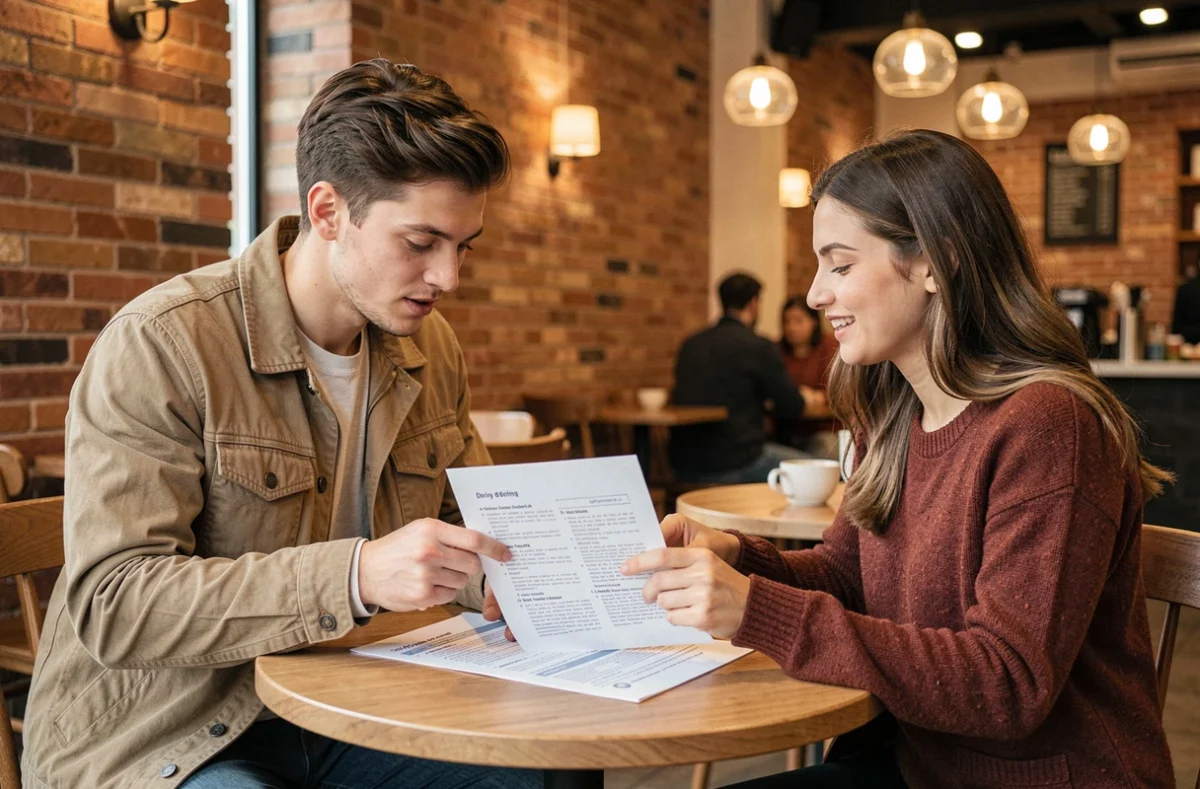 Deux étudiants révisant ensemble les 100 questions du permis de conduire dans un café avec un PDF imprimé