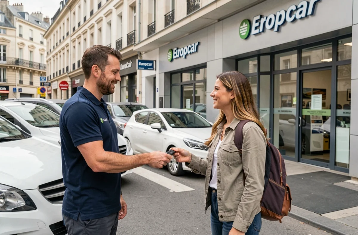 Employé Europcar remettant les clés d'une voiture de location à une cliente dans une agence en Bourgogne