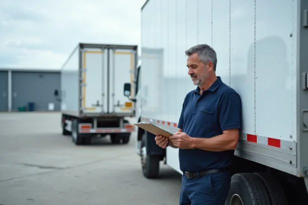 Professionnel de la logistique évaluant une remorque frigorifique dans une cour industrielle, tenant un clipboard de documents