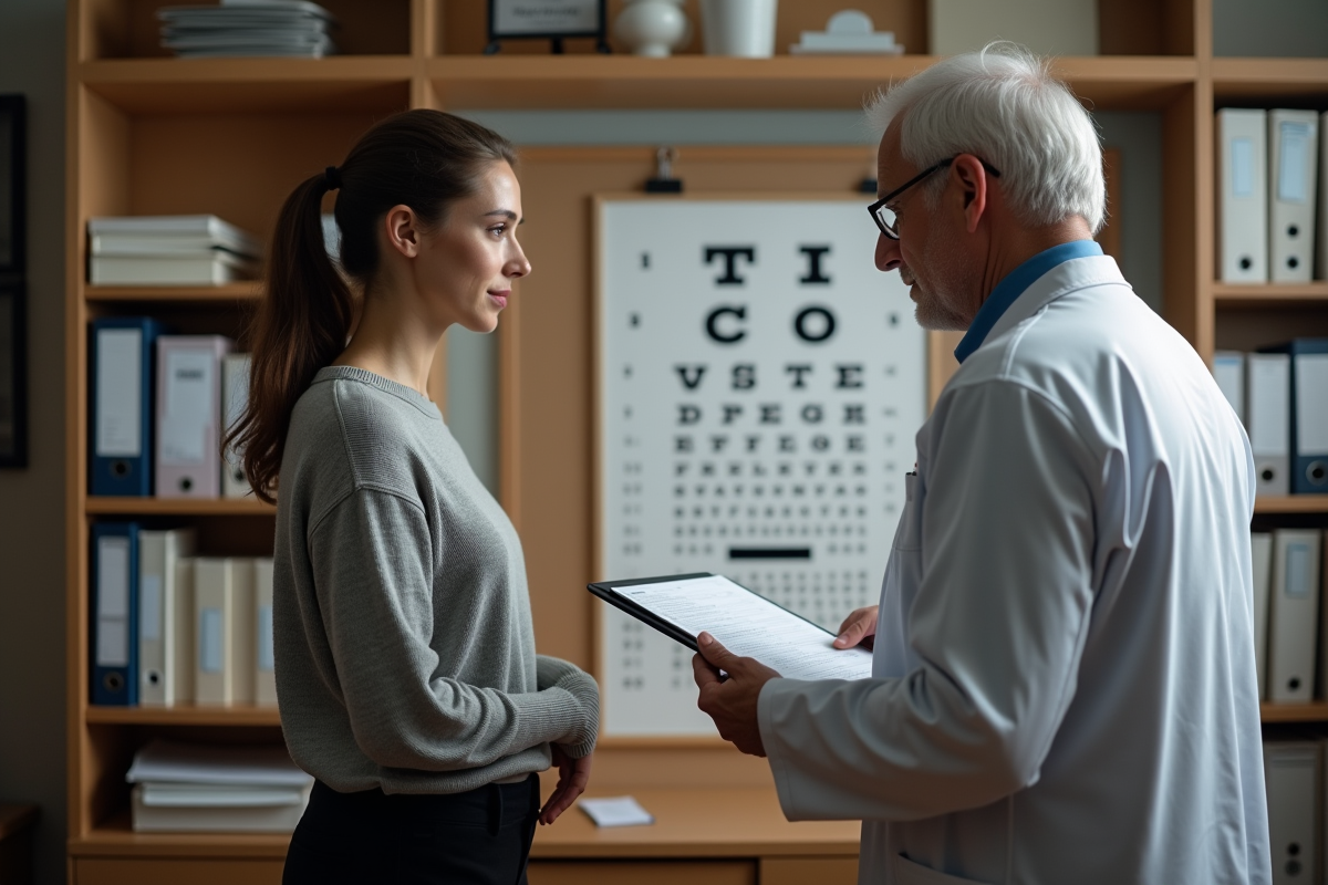 Jeune femme faisant tester sa vue par un médecin dans un cabinet