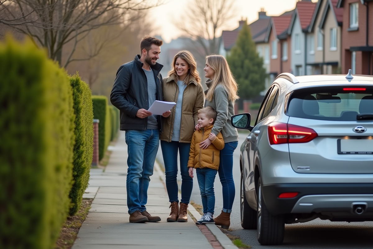 Famille discutant avec agent d