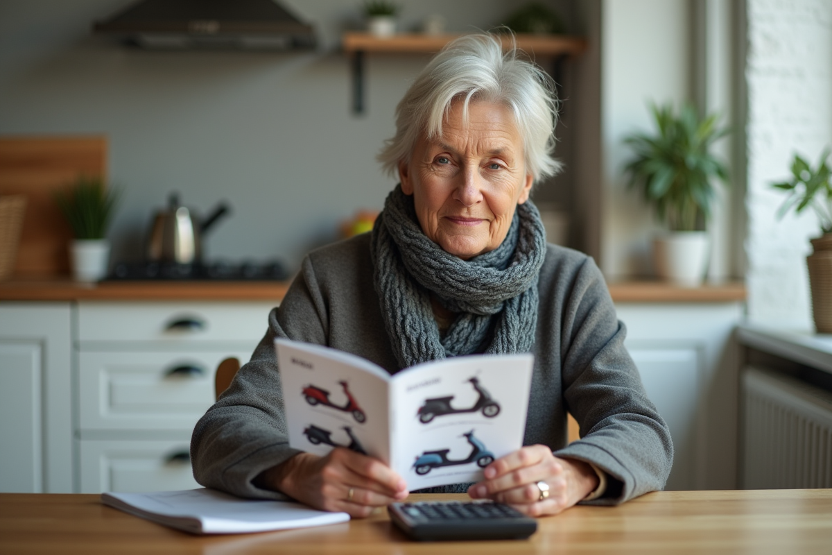 Femme regardant brochure scooter à la maison