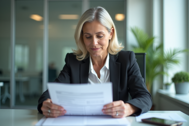 Femme d'affaires en réunion organise des papiers d'assurance