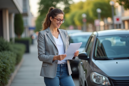 Femme souriante vérifiant documents d'assurance voiture