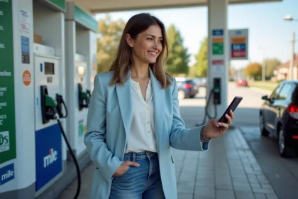 Femme souriante en blazer bleu près d'une station Mille