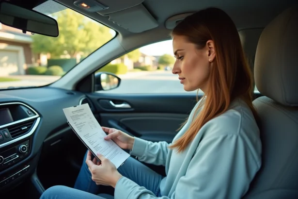 Femme calculant le coût de son trajet en voiture avec un reçu et une application smartphone installée dans son véhicule