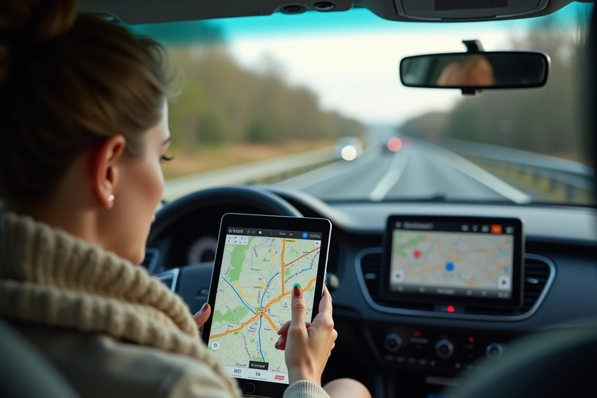 Jeune femme dans une voiture regardant une carte sur une tablette
