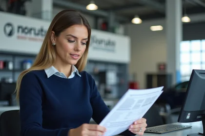 Femme consultant un document de carte grise au comptoir d'un centre Norauto