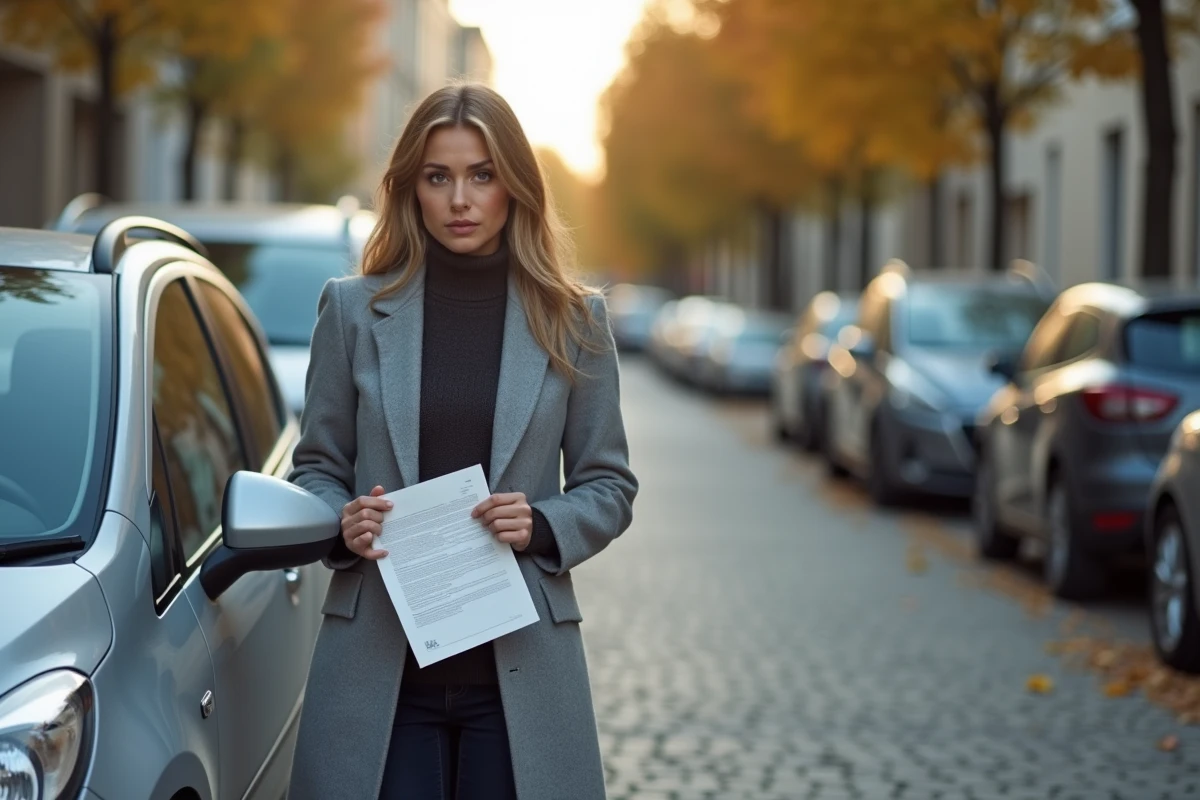 Femme tenant une carte grise devant sa voiture garée dans une rue résidentielle, représentant les erreurs courantes lors de la radiation du certificat d'immatriculation