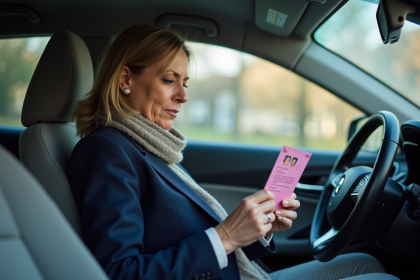 Femme française regardant son vieux permis de conduire rose