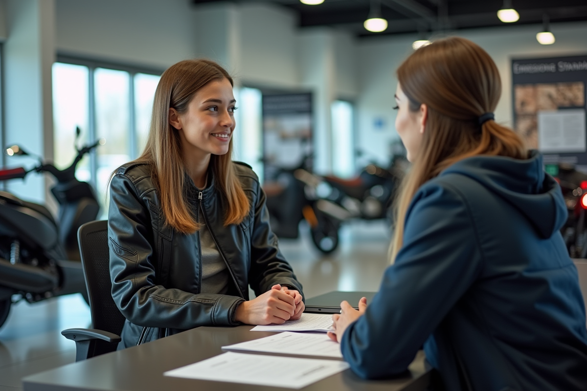 Jeune femme discutant avec un conseiller en concession moto