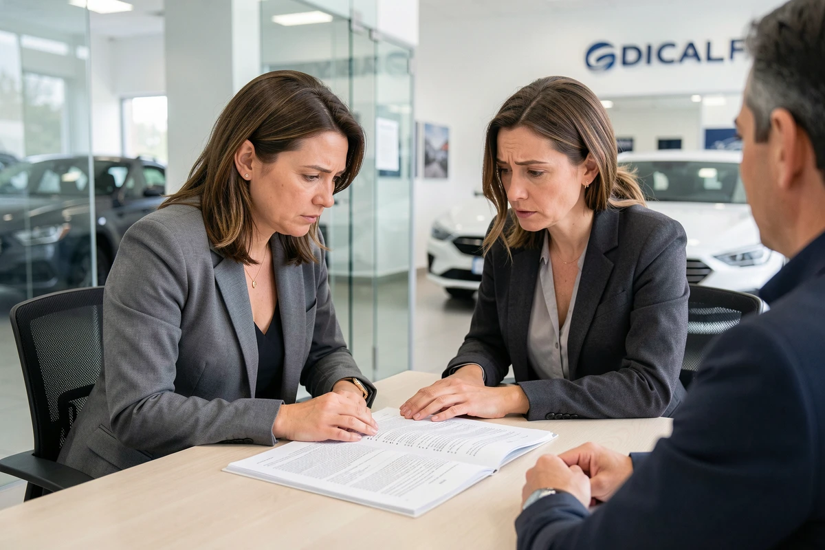 Femme lisant attentivement un contrat de garantie constructeur chez un concessionnaire automobile