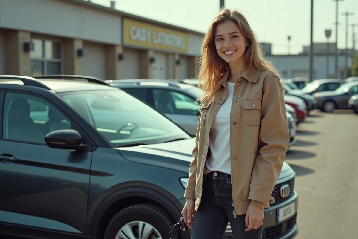 Jeune femme souriante tenant des clés devant une Cupra Formentor bleue dans un parking de concession automobile