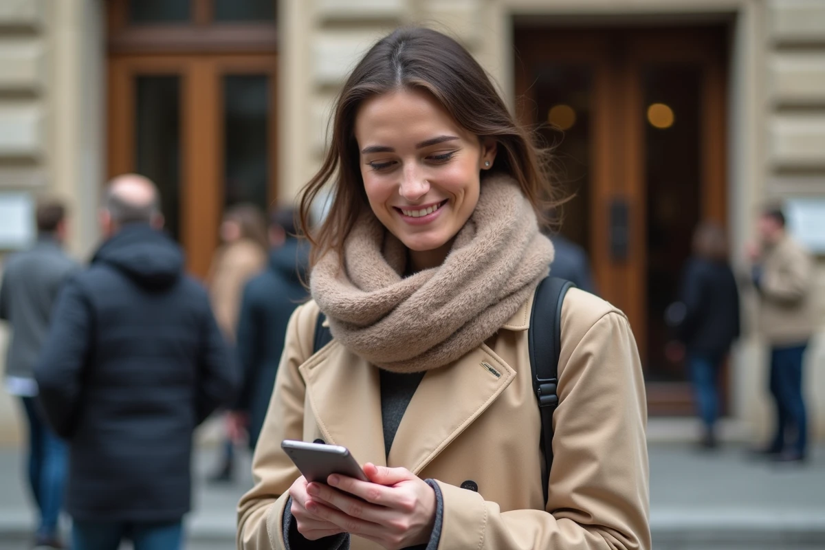Femme souriante devant un bâtiment administratif urbain
