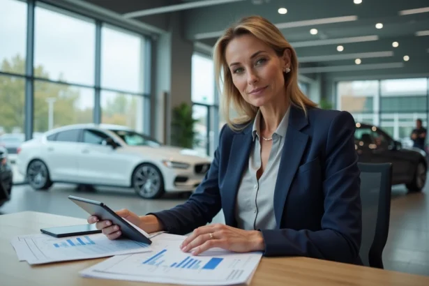 Femme professionnelle comparant des offres de financement automobile neuf et occasion dans un showroom moderne en 2026