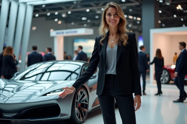 Femme élégante devant une voiture futuriste au salon auto