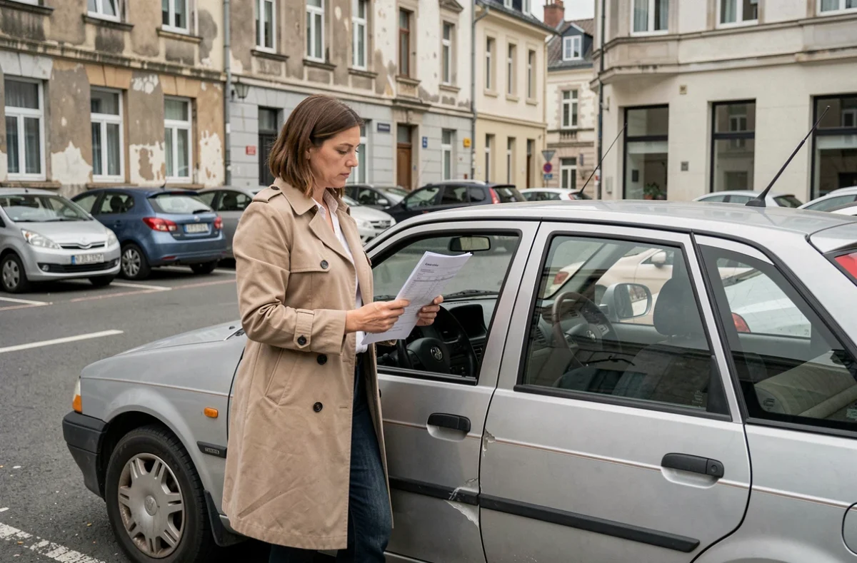 Femme consultant l'historique d'une voiture importée avec volant à droite dans un parking urbain