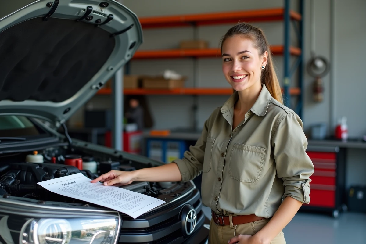 Femme discutant avec manuel dans un garage avec SUV Toyota