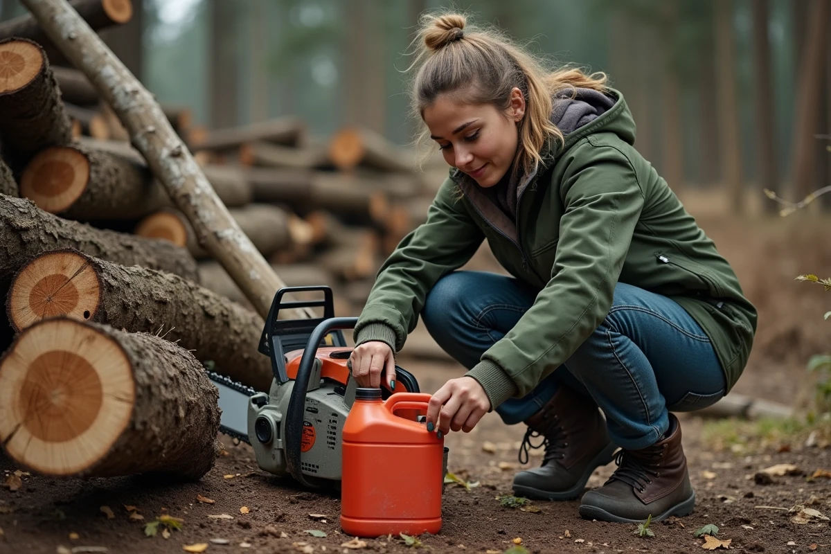 Femme mélangeant carburant pour sa scie en extérieur