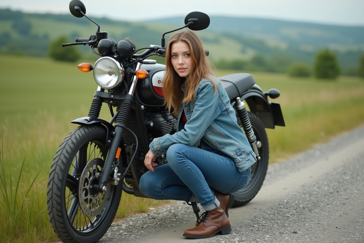 Jeune femme sécurise sa moto dans un paysage rural