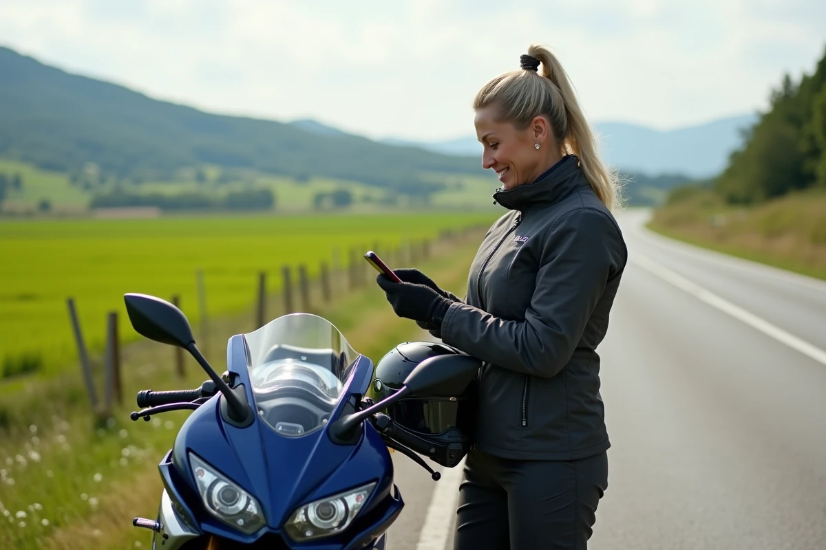 Femme en équipement de moto regardant son smartphone près de sa Suzuki GSX 600 R