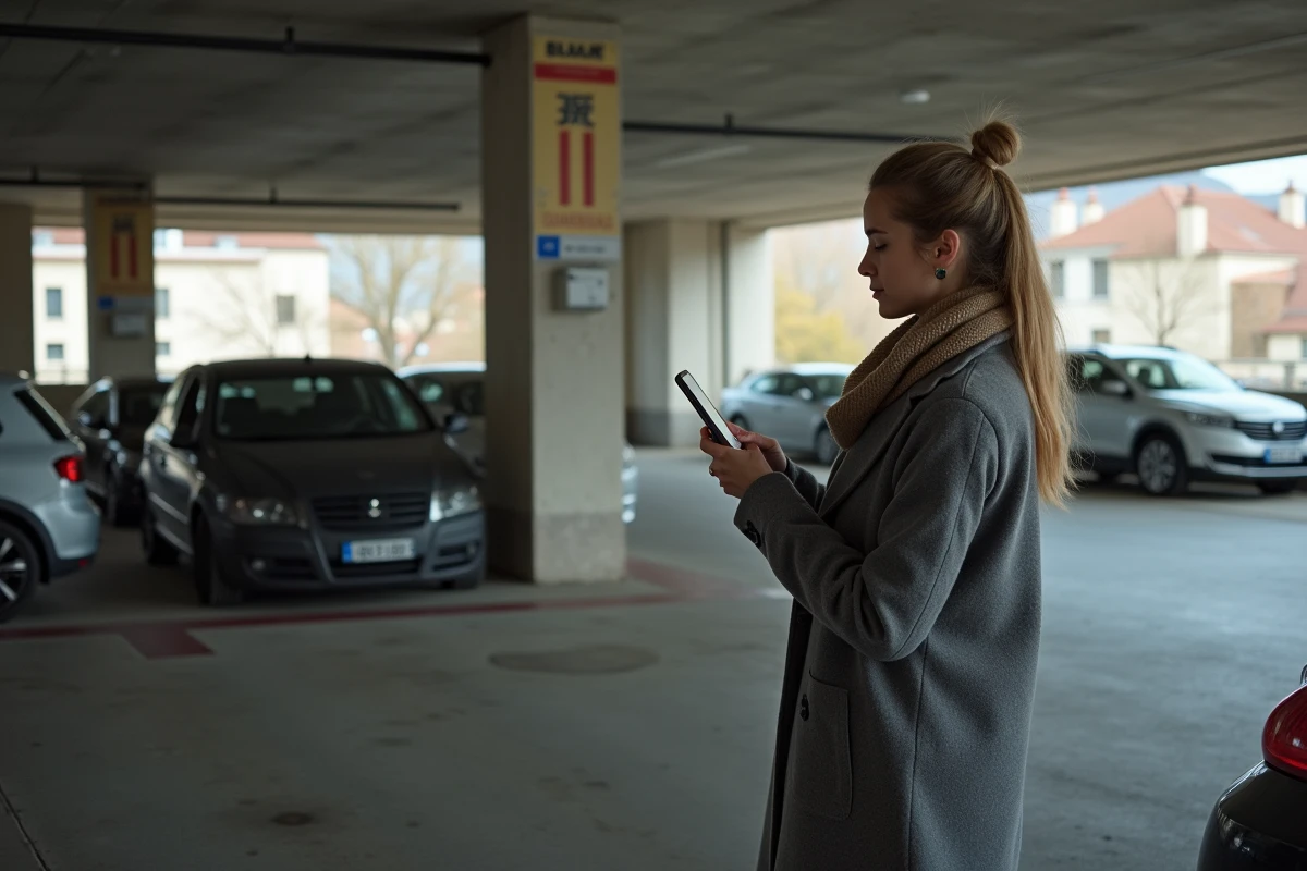 Jeune femme utilisant une application de stationnement dans un parking