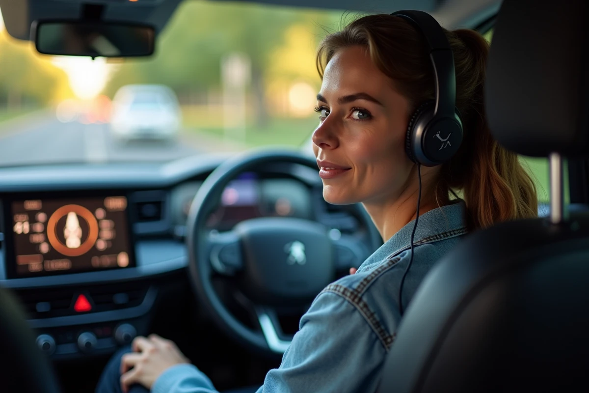 Femme portant des écouteurs cherchant une chanson sur l'écran de la Peugeot 5008 depuis le siège conducteur