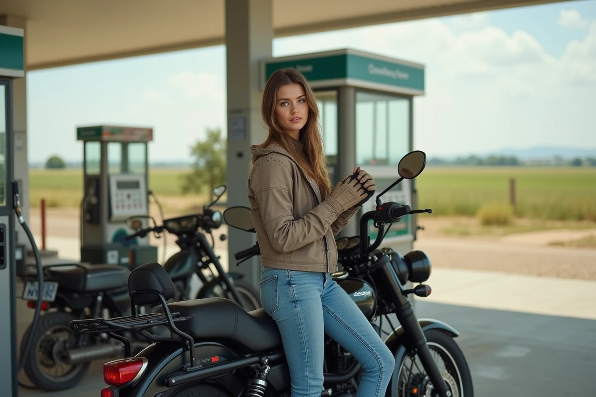 Jeune femme ajustant ses gants sur une moto en station service