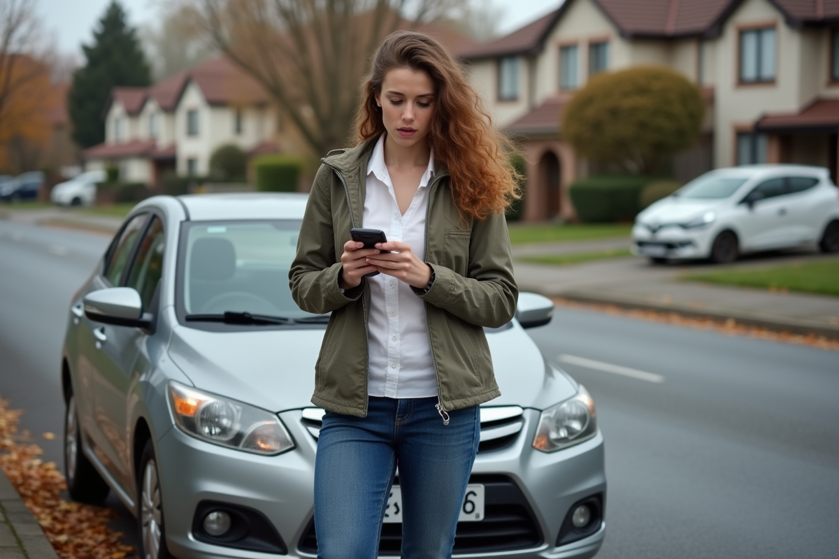 Jeune femme avec smartphone à côté de sa voiture en rue résidentielle