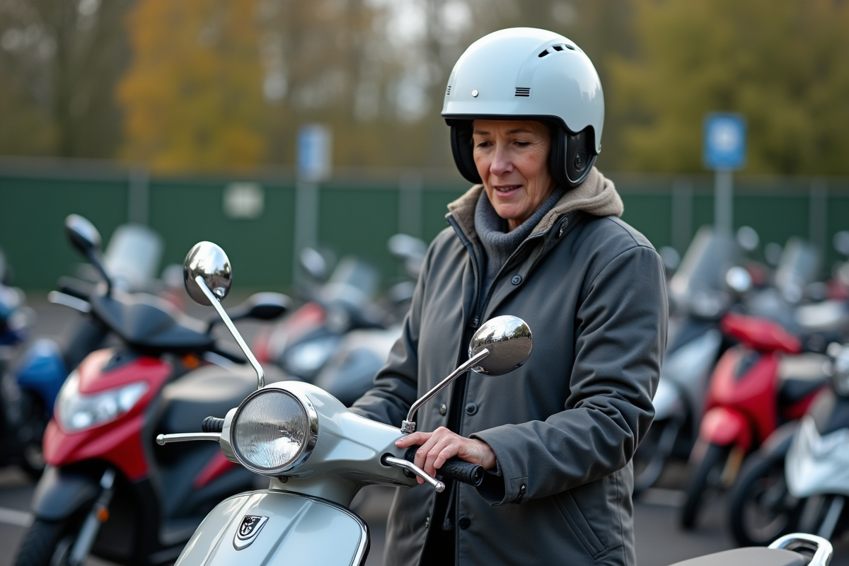 Femme vérifiant le verrou de son scooter dans un parking suburbain