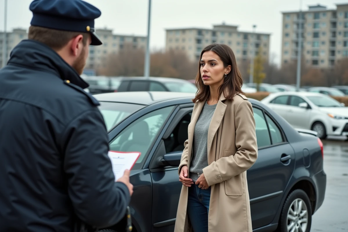 Jeune femme avec voiture rayée parlant à la police